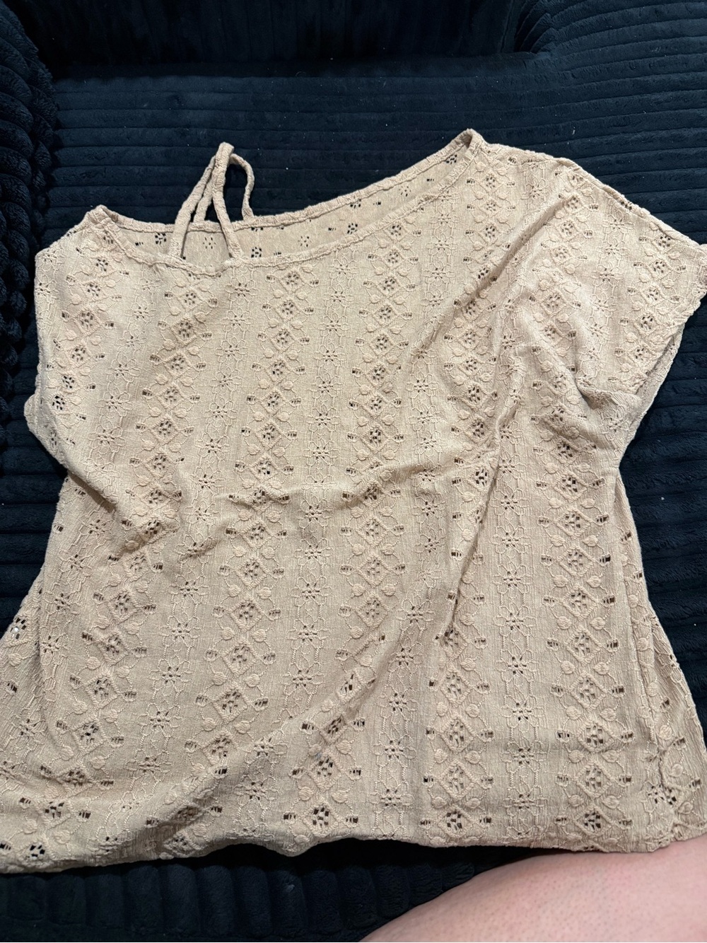 Beige Eyelet Knit Short Sleeve Top